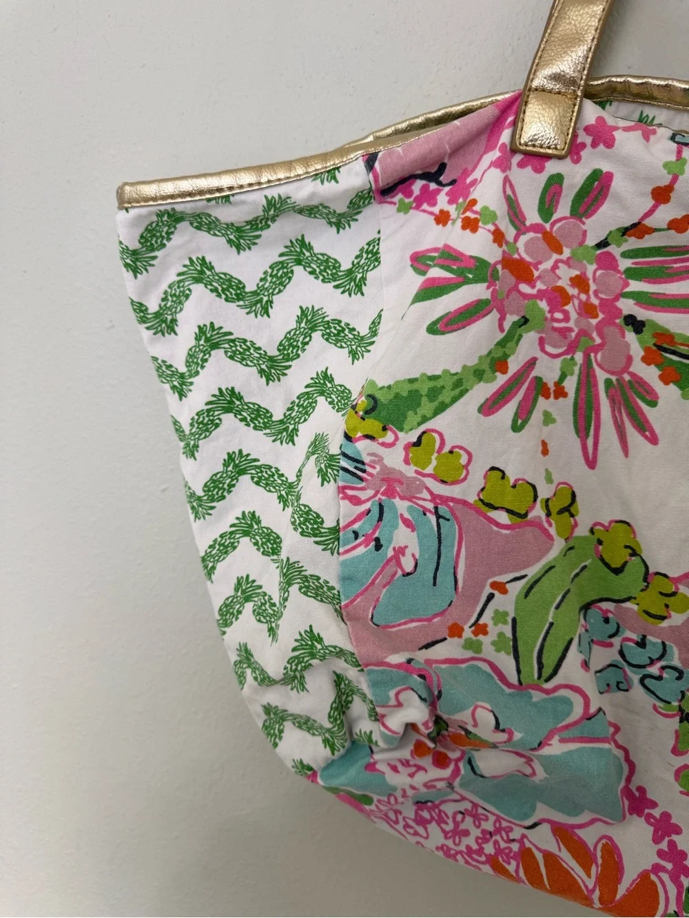 Lilly Pulitzer large Multicolor Floral & Green Chevron Tote Bag Gold Handles